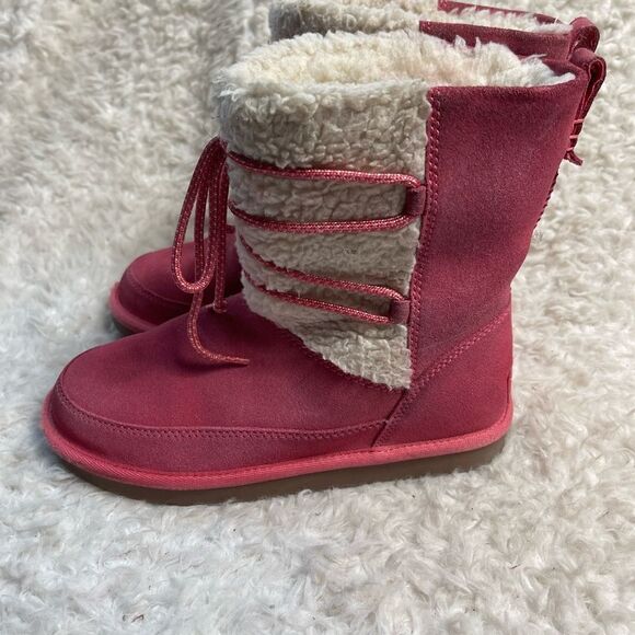 Kookaburra by UGG leather pink Girl winter boots beige fur lace up accent SZ3 - Picture 2 of 12